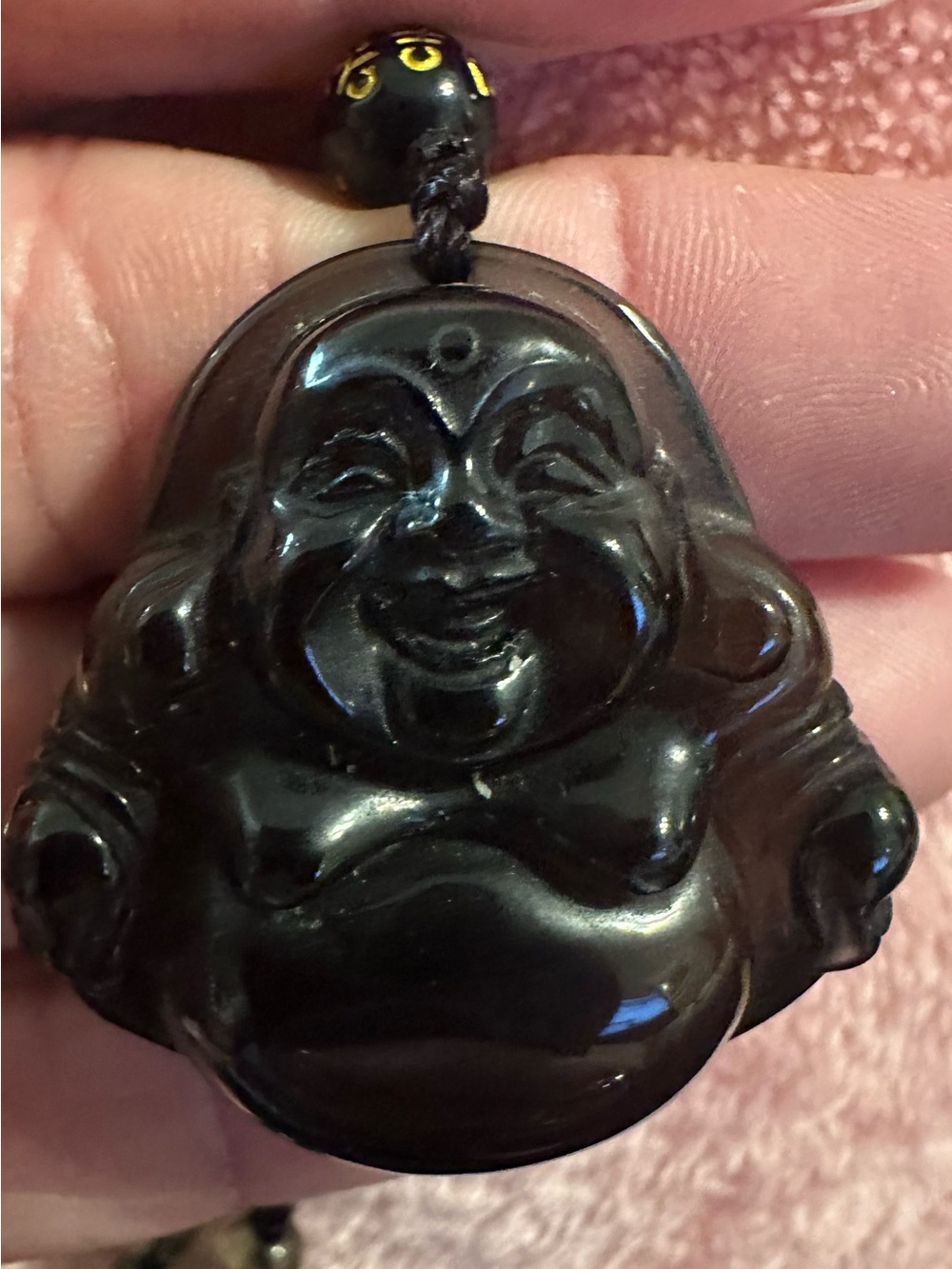 Black Obsidian Carved Laughing Buddha Pendant Necklace Endless Strand